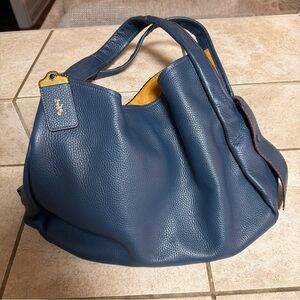 Vintage Coach Navy Blue Leather Hobo Bag with Gold Accents